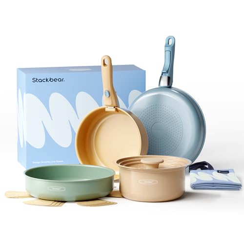 Stackbear Ceramic Cookware Set, Detachable Handle Pots and