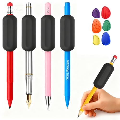 Kinerby Weighted Pencil Grips 5-Pack (1oz Each), pencil grips for kids handwriting – Silicone Writing Aid for Children, Seniors & Fine-Motor Support – Includes 6 Bonus Sensory Stones