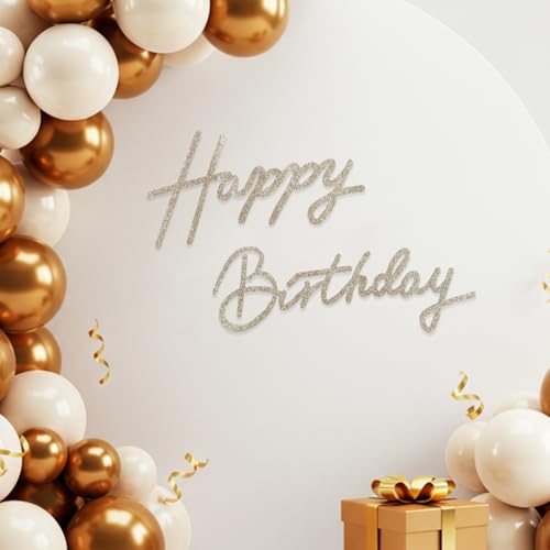 Image of TONIFUL Happy Birthday Sign for Backdrop - Glitter Champagne Gold Felt Banner - Includes Dot Glue - Perfect for Birthday Party Backdrop,Wall Decr,Balloon Arch,Photo Background