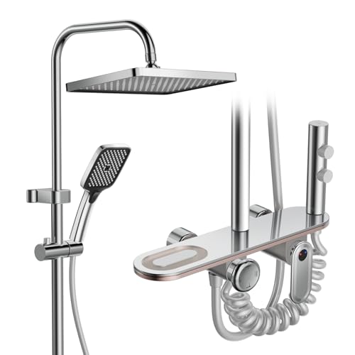 WRMING Colonne de Douche avec Mitigeur, Kit Complet de Douche Chromé en Acier Inoxydable avec Pommeau de Pluie 30x20cm et Étagère, 3 Modes Jets Anti-Calcaire, Douchette, 80~135cm Réglable en Hauteur