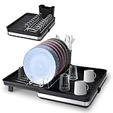 TENXSNUG Escurreplatos Plegable, Escurridor de Platos Extensible de Acero Inoxidable con Porta Cubiertos, Portavasos y Estante de Secado Escurre Platos de Gran Capacidad para Cocina