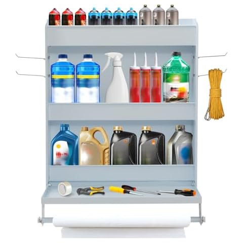 Yeeoy Trailer Door Cabinet Organizer, Heavy Duty Work Station Storage w/Flip-Out Work Tray & Paper Towel Rack Organizer for Enclosed Race Trailer, Garage Storage, White Cover