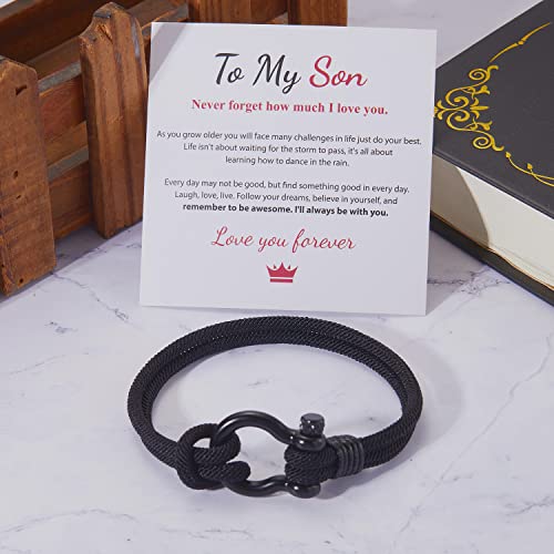 To My Son Bracelet I Will Always Be With You Bracelet Handmade Vintage Braided Leather Wristband Horseshoe Buckle Nautical Bracelet To My Son Inspirational Faith Bracelet (Black) #TOP4