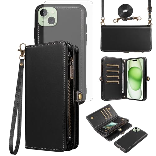 Coque iPhone 15 Plus avec portefeuille amovible et sangle à bandoulière intégrée