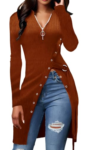Image of Women's Ribbed Zip Front Long Sleeve Top Side Split Tunic Blouse with Belt | Features a chic O-ring half zip front, side button trim and an adjustable D-ring belt.