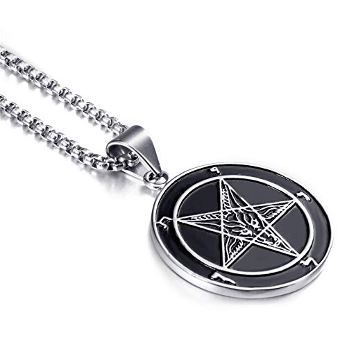 Inverted Pentagram Baphomet Goat Necklace for Men Sigil of Lucifer Satan Satanic Samael Lilith Symbol Both Sided Stainless Steel Pendant Chain, Black Red4