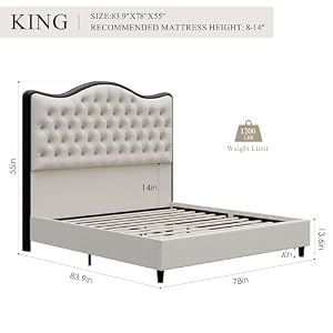 HITHOS King Size Bed Frame with 55 Tall Curved Headboard Linen Upholstered Platform Bed Frames with Deep Tufted Button Handmade Pleats Black Metal Frame No Box Spring Needed BlackBeige
