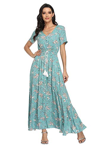 Image of VintageClothing Women's Floral Maxi Dresses Boho Button Up Split Summer Casual Long Dress Beach Party Dress