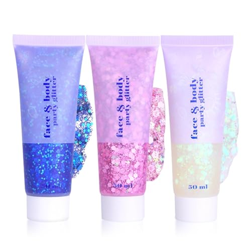 Sularpek 3 Pcs Face Glitter 50ml Hair Glitter Gel Sequins Shimmer Liquid Eyeshadow Mermaid Sequins Festival Glitter for Face Body Eye Hair Festival Party Makeup Decoration