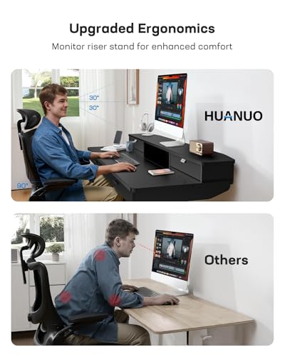 Image of HUANUO 55 x 30 inch Electric Standing Desk with 2 Wood Drawers, Adjustable Height Sit Stand Desk for Home Office, Ergonomic Stand up Desk with 4 Memory Presets, 176 lbs Capacity, Black Top