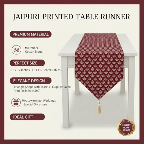 Image of COZY FURNISH Floral Printed Microfiber Cotton Table Runner for 6 Seater Dining Table & Runner with Tassels - 13x72 Inches Decorative Home Kitchen Table Linen