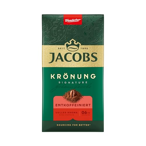 Jacobs Filterkaffee Krönung Entkoffeiniert, mittlere Röstung, Kaffee gemahlen & entkoffeiniert, geröstet in Deutschland, ideal für Filterkaffeemaschine & French Press, Intensität 6/10, 500 g