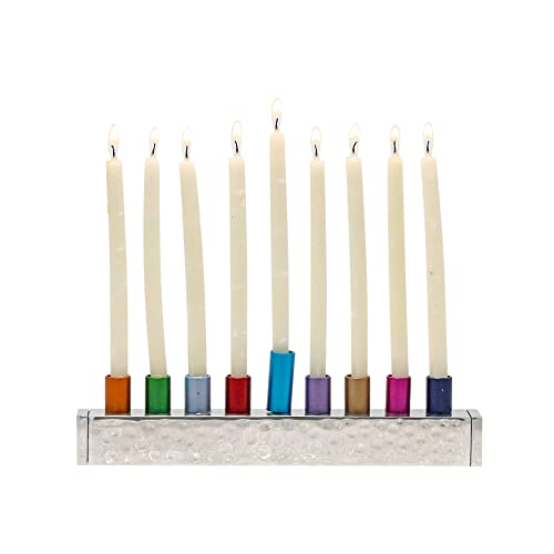 Yair Emanuel Pequena Faixa Martelada Menorá com Castiçais Multicoloridos | Hanukiah de Alumínio Mart