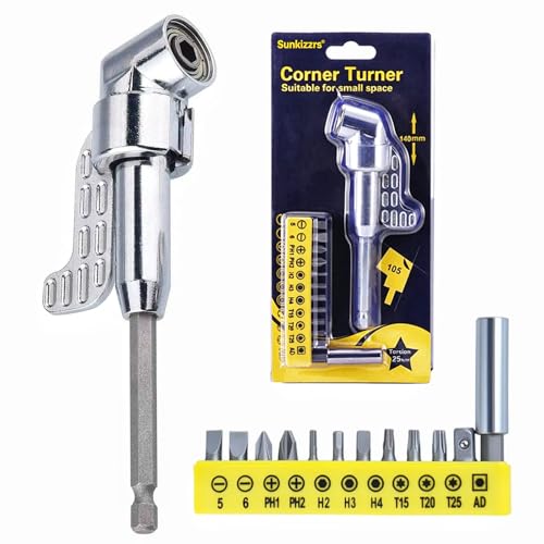 Image of Sunkizzrs Right Angle Screwdriver Corner Adapter -Magnetic 1 /4 Inch Hex Shank 105 Drill Bit Extension -Quick-Change Angled Drill Driver with 12Pcs Screwdriver Bits for Electric Drill (Long)