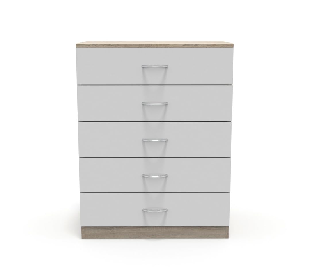 DORMIDAN - Cómoda 5 cajones guías metálicas, habitación Dormitorio, Armario con cajoneras. (Roble cajones Blancos)