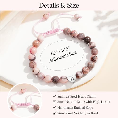 Image of WEDDINEN 5-14 Year Old Birthday Gifts for Girls, Adjustable Pink Nature Stone Heart Bracelet with Message Card for Daughter Granddaughter Niece Sister Friend