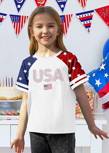 Image of CAZYCHILD Girls 4th of July USA Shirt American Flag Patriotic T-Shirt Independence Day Outfit for Kids 5-14Years