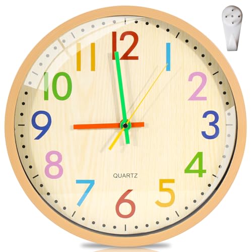 WEEKSUN Reloj de Pared para niños 12 Pulgadas, Reloj de Pared de Cuarzo Silencioso,NúMeros AráBigos Coloridos FáCiles de Leer, Adecuados para Sala de Estar, Comedor, Dormitorio, Aula Escolar