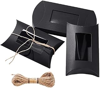 BENECREAT 20Pcs Black Paper Pillow Boxes with PVC Clear Windows and 10m Jute Cord, 17x11x4cm Candy Favor Paper Box for Candy Cokkie Treats and Birthday Wedding Party Favors
