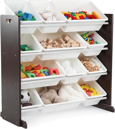 Image of Snazzy Kids Toy Storage Organizer with 12 Plastic Bins, Espresso /White - Removable Bins for Playroom, Bedroom, Toddler Furniture for Boys and Girls