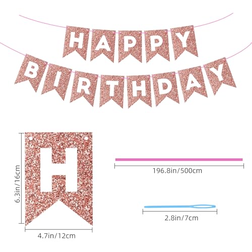 Image of Hooqict Rose Gold Happy Birthday Banner Sign for Backdrop Rose Gold Birthday Decorations for Women Girls Wall Door Party Banner Garland Bunting Flag