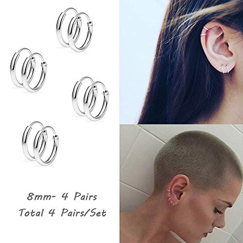 Silver Hoop Earrings- Cartilage Earring Small Hoop Earrings For Women Men Girls,4 Pairs Of Hypoallergenic 925 Sterling Silver Tragus Earrings(Silver,8Mmx4) #TOP1