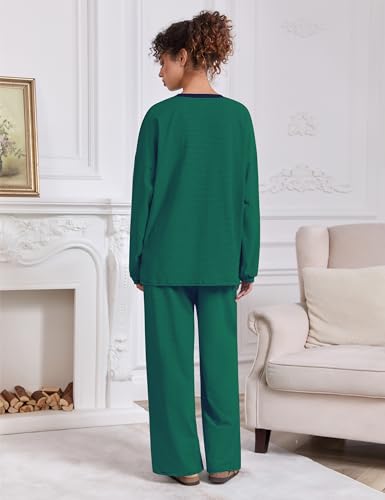 Image of MISSACTIVER Women's 2 Piece Striped Lounge Set Long Sleeve Oversized T-Shirt Wide Leg Pants Matching Pajamas Set