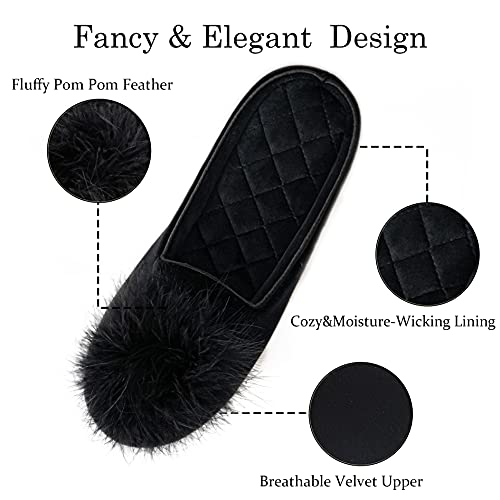 Gritheim Women's Fuzzy Pom Pom Feather Velvet House Slippers Sexy Cozy Bedroom Slippers For Ladies Non-Slip Sole Indoor Outdoor 7-8 Black #TOP2