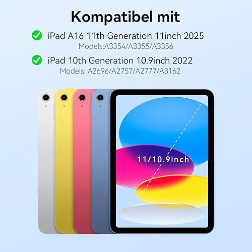 TECKNET Hülle mit Tastatur für iPad A16 11/10 Generation(2025/2022, 11/10.9 Zoll), 7 Farben Beleuchtete Magnetische Abnehmbare Keyboard QWERTZ, Schutzhülle mit Stifthalter für iPad 11./10., Schwarz 2