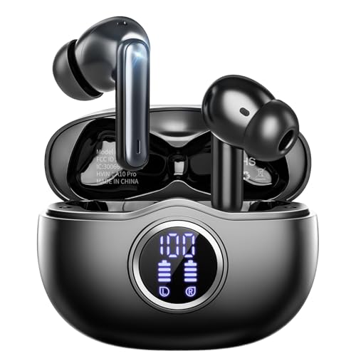 Fhumsh Wireless Earbuds, Bluetooth 5.3 Headphones HiFi Stereo 50H Playback LED Digital Display Ear Buds with ENC Noise Canceling Headset, IPX7 Waterproof Earphones for Gym/Running/Work (Black)