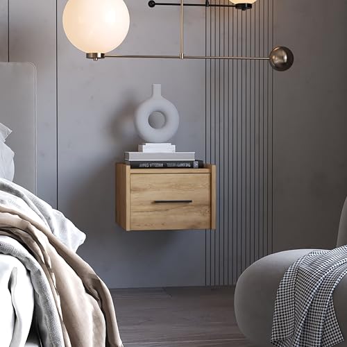 RiouPsithuric Mesita de Noche Flotante de Madera de Macadamia, mesita de Noche de Pared con cajón y Estante de Dos Niveles, Mesa de Noche Que Ahorra Espacio para dormitorios pequeños y para carg