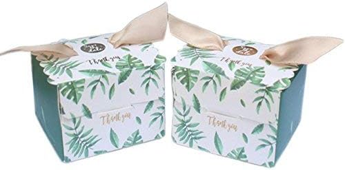 AmaJOY 50PCs Palm Leaf Pattern Favour Box with Ribbon Elegant Candy Box for Wedding Favour Party Favor Baby Shower