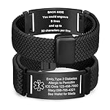 VNOX Medical Alert Id Bracelet for Men Women, Custom Engraving Elastic Braided Stretchy Loop Emergency Survival Medic Bracelets Wristband Loop Band with Replacement Tag,Black