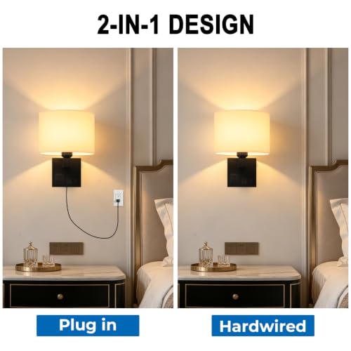 Image of Plug in Wall Sconce, Wall Lamp with Black Base Cylindrical Shape | Wall Lamps for Bedroom Living Room Hotel, Dimmable 1pcs Bulb Included, Bedside Lamp with AC Outlet & USBA+C Charging Port