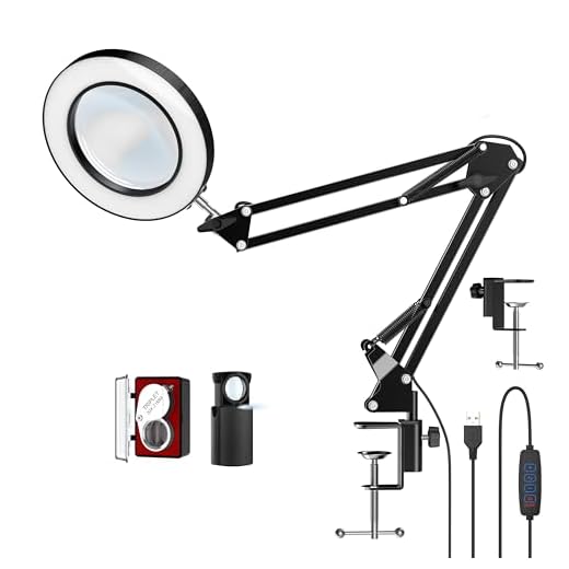 Lámpara de escritorio con lupa LED de 10 aumentos con abrazadera, lupa manos libres con 72 luces LED, 3 modos de color regulables, incluye dos lupas de joyería de 30 x 45 aumentos para trabajos