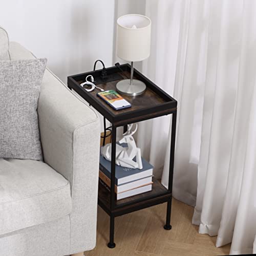 Giopaco Small End Table With Charging Station And Usb Ports, Small Side Table Nightstand With 2-Layer Storage Shelves For Small Spaces, Living Room, Bedroom, Rustic Brown (1) #TOP5