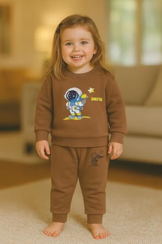 Image of Bold N Elegant Kids Fleece Lined Winter T-Shirt Jogger Set Warm Sweatshirt Pants | Stylish Astronaut Print Winter Co-ord Set for Infant Toddler Teedler Boys n Girls