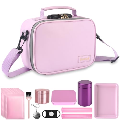 PU Leather Smel Proof Bag with 10 PCS Accessories, Portble Organizers Locking Box Case and Great Gift for Women, Childproof Storage Container Box 9 X 6 X 4 Inches (Pink)