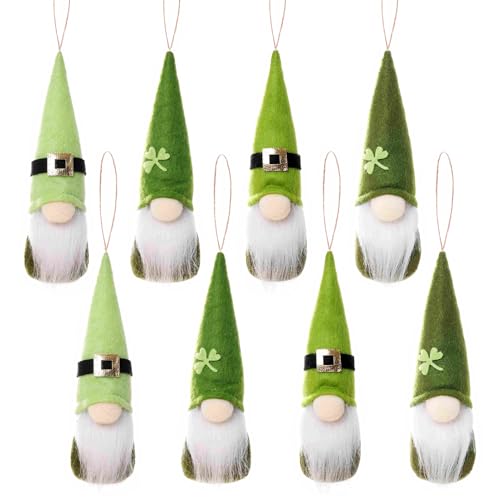 St. Patrick's Day Hanging Gnome Ornaments, Handmade Felt Irish Leprechaun Gnomes Elf and Lucky Clover Spring Tree Decorations Figurines (Set of 8)