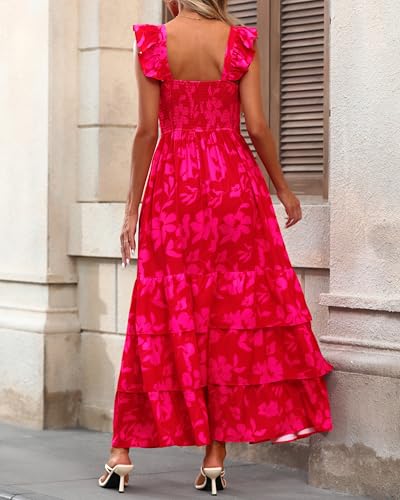 dowerme Summer Dresses for Women 2026 Casual Ruffle Smocked Tiered A-Line Boho Floral Maxi Beach Sun Dress with Pockets(Red Rose Red Flower,Medium) — view 4