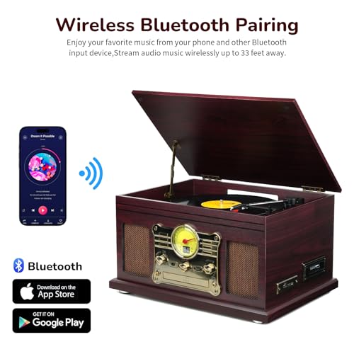 Image of FEKTIK Bluetooth Record Player 10 in 1,FEKTIK 3-Speed Turntable for Vinyl with Speakers, LP to MP3 Converter, CD, Cassette Player, FM Radio, Wireless Streaming | Coffee
