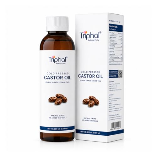 Image of TRIPHAL Cold Pressed Castor Oil 200ml - Edible Grade Pure Arandi /Erand Tel | Hexane and Paraben Free | For Hair Growth, Eyebrows, Eyelashes, Skin Care, Joint Pain and Constipation Relief
