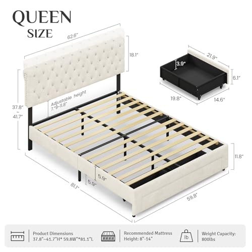 Belffin Queen Bed Frame with Storage Drawer and Diamond Adjustable Tall Headboard, Modern Velvet Platform Bed Frame with Wingback Design, No Box Spring Needed, Easy Assembly, White - Thumbnail 2