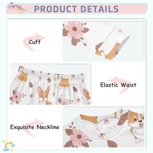 Pajama Sets Long Sleeve Corgi Flowers Leaves Background Soft Comfy Sleepwear 2 Piece PJS 3-8T4