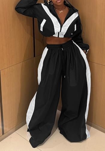 Women Sweatsuits 2 Piece Outfit Color Block Crop Zipper Tops & Elastic Waist Wide Leg Pants Sets Streetwear Tracksuit3
