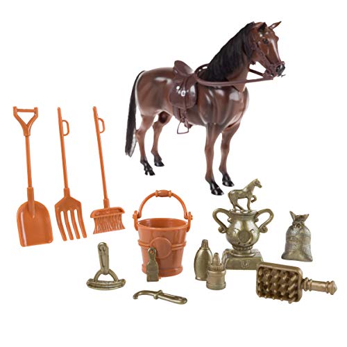 Hey! Play! Toy Horse Set With Accessories, Brushable Mane And Tail, And Moving Head For Pretend Play- Includes Grooming Brush, Saddle, Trophy , Brown #TOP5