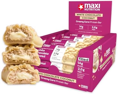 MaxiNutrition Creamy Core Protein Bar White Chocolate Coconut, 12 x 45 g, 33% Eiweiß, 14 g Protein je Riegel, ohne Zuckerzusatz, ohne künstliche Aromen
