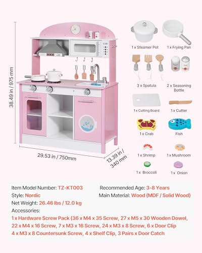 VEVOR Play Kitchen for Kids, Wooden, Kids Kitchen Playset with Real Lights & Sounds, Food & Cookware Accessories, Pretend Play Toy Set, Range Hood, Microwave, for Toddlers, Girls & Boys Ages 3-8, Pink - Image 9