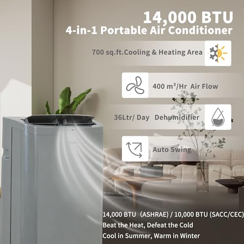 Image of Shinco 14,000 BTU Grey Portable Air Conditioner with Heater up to 700 Sq. Ft, Ac Heater Combo Window Unit, Portable AC Unit with Dehumidifier & Fan, Cools & Heats,Remote Control and Window Kit