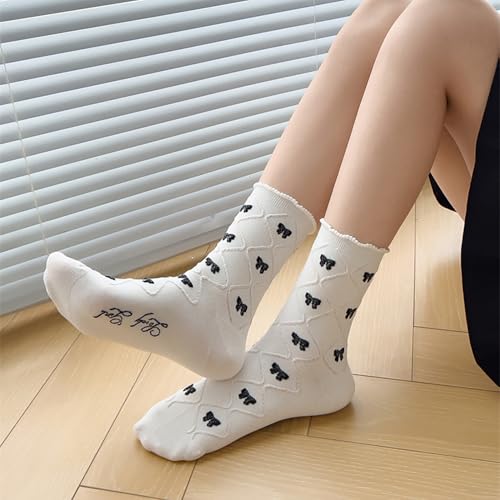 Image of Starella Women's Ruffle Frilly Socks Coquette Bow Scalloped Lace Preppy Dress Sock 5 Pairs Black White